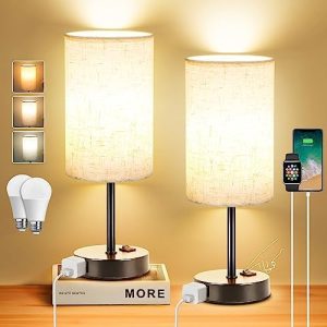 ZJOJO Table Lamp Bedside Nightstand Lamps for Bedrooms Set of 2 with 3 Way Dimmable Using Rocker Switch Night Lamp with AC Outlets for Living Room/Reading Room