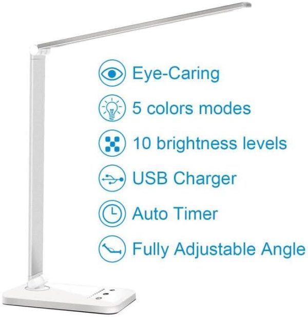 White crown LED Desk Lamp Dimmable Table Lamp Reading Lamp with USB Charging Port, 5 Lighting Modes, Sensitive Control, 30/60 Minutes Auto-Off Timer, Eye-Caring Office Lamp - Image 9