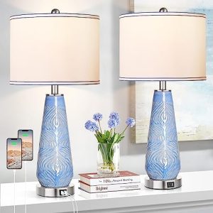 Modern Table Lamp Set of 2 Touch Control, 27" Tall Blue Art Ceramic Bedside Lamp with USB Ports, 3-Way Dimmable Hand Crafted Nightstand Lamps with White Shade for Living Room Bedroom Office