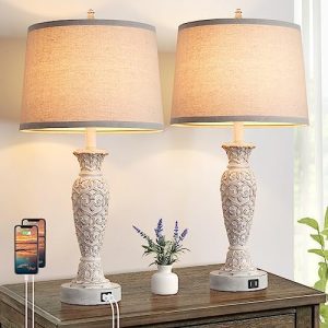 Brightever Table Lamps Set of 2 with Dual USB Ports, 26” Resin Tall Table Lamps for Living Room, Vintage Farmhouse Desk Lamps with Fabric Shade, Bedside Nightstand Lamps for Bedroom(Bulb not Included)